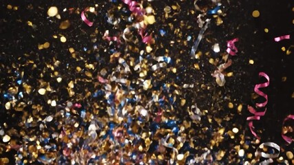 Vibrant burst of colorful confetti and streamers on a dark background