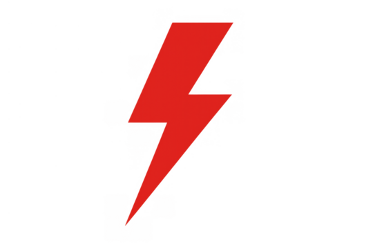 Red lightning bolt icon symbolizing energy, power, electricity, danger, warning and thunder on transparent background
