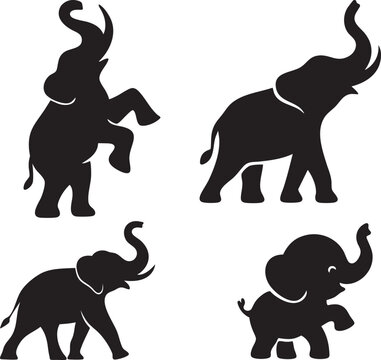 Vector Silhouette Set of Four Elephants in Different Poses with Trunks Up