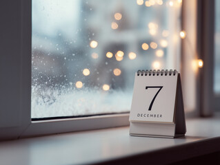December 7 displayed on a calendar next to a snowy window with festive lights in the background