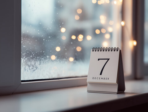 December 7 displayed on a calendar next to a snowy window with festive lights in the background