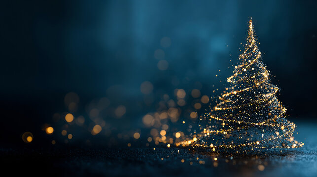 Abstract christmas tree forming from golden particles on a dark blue background with bokeh and copy space