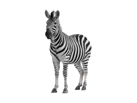 Zebra standing in a natural pose, showcasing striking black and white stripes in a serene environment