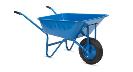 Bright Blue Metal Wheelbarrow Isolated on White Background for Gardening, Construction, and Home Renovation Projects