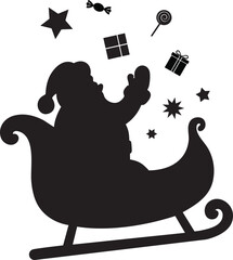 Vector Silhouette of Santa Claus in Sleigh Throwing Christmas Gifts and Treats