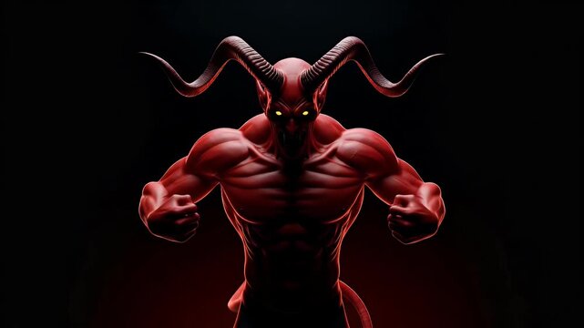 An imposing crimson-skinned creature with massive, curved horns and glowing yellow eyes emanates an aura of raw power and menace against a stark, dark background. Its intensely muscular physique is pr