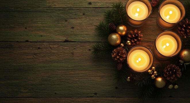 Festive holiday candles and ornaments on rustic wooden background creating warm atmosphere