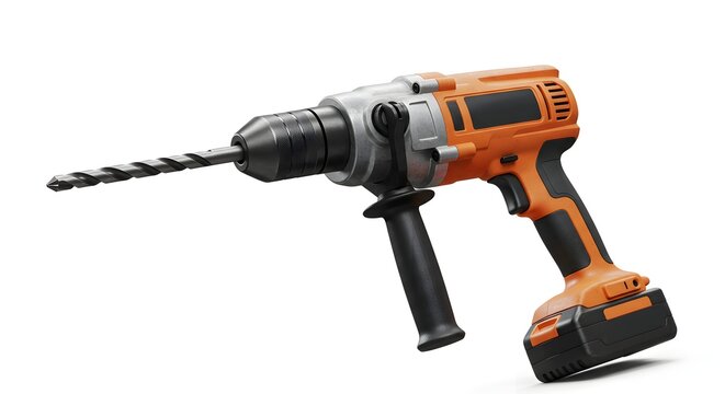 Orange and grey cordless hammer drill with an auger bit, professional power tool for construction and DIY work - Powered by Adobe
