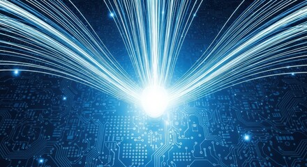 Abstract digital data flow and communication network concept with glowing light rays over a circuit board, symbolizing technology and future progress