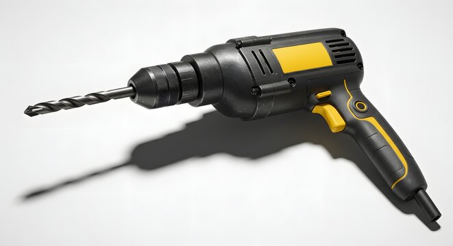 Electric power drill with metal bit isolated on white background. Versatile tool for construction, home improvement, and DIY.