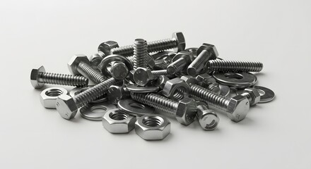 Pile of shiny metal nuts, bolts, and washers on a clean white background