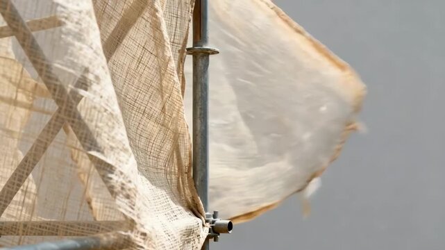 Medium shot of tensile biodegradable scaffold sheeting flexing slightly as wind passes through highlighting durable ecofriendly fabric texture