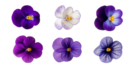 Colorful varieties of pansy flowers displayed in a neat arrangement on a white background