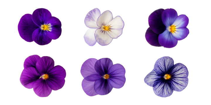 Colorful varieties of pansy flowers displayed in a neat arrangement on a white background