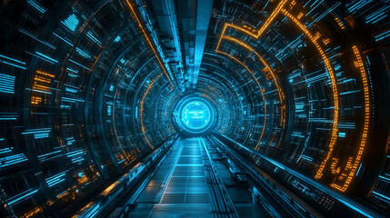 Abstract data encryption tunnel with flowing digital lines symbolizing security protected information hidden pathways and the movement of data through a secure encrypted virtual corridor