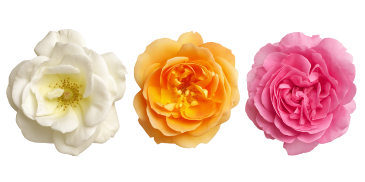 Beautiful collection of blooming roses in white, orange, and pink on a plain background showcasing nature's colors and details
