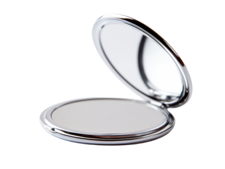 Small silver compact mirror with a polished finish on a white background showcasing its reflection