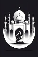 Muslim Man Praying In Front Of Mosque Black And White