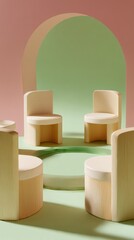 Empty circular seating arrangement with soft shadows highlighting biophilic elements. Sustainable furniture design using a circular arrangement of modern mycelium and light wood chairs.