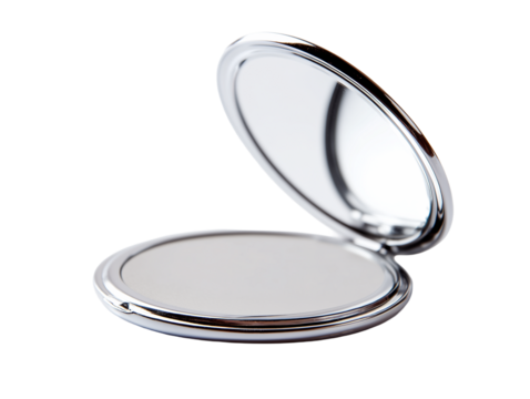 Small silver compact mirror with a polished finish on a white background showcasing its reflection