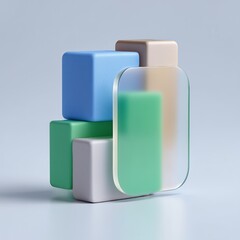 3D render of frosted glass shields and matte geometric forms. An isometric view to showcase semi-transparent frosted glass shields protecting matte data blocks. 