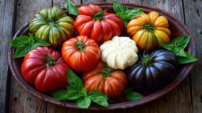 Assortment of heirloom tomatoes and fresh cheese arranged on a rustic platter over weathered wood