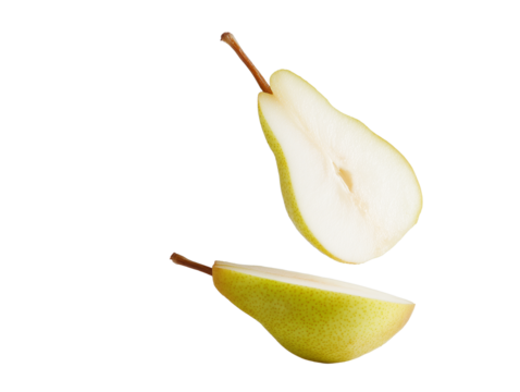 Freshly sliced green pear on a white background for healthy snacking and culinary use