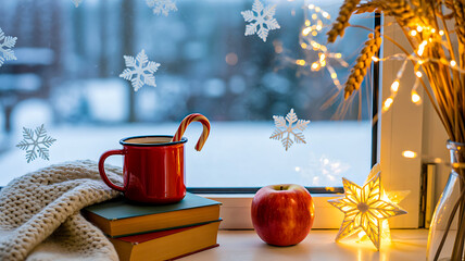 Red mug with candy cane on stacked books beside apple, blanket, and glowing star on snowy windowsill