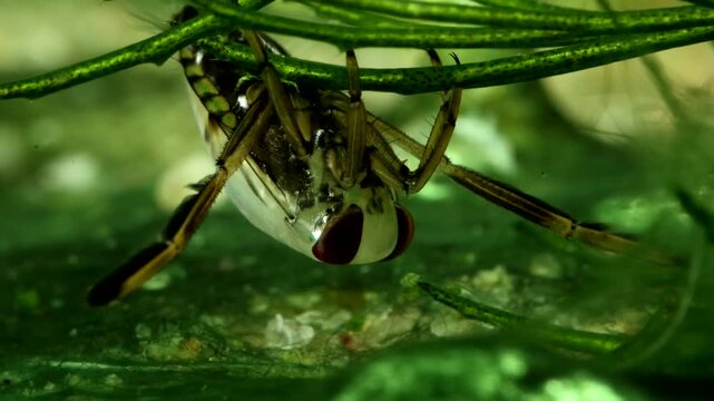Backswimmer adult (Notonecta sp.) underwater, resting in some aquatic vegetation, extreme macro close-up. 