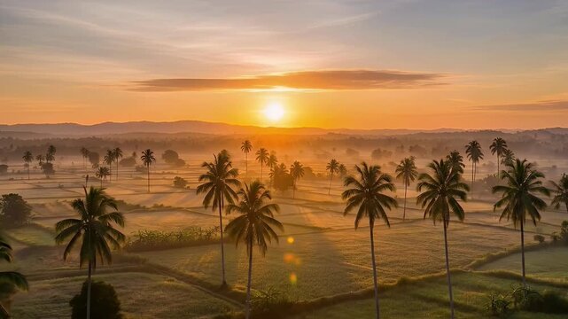 Experience the breathtaking beauty of a golden hour tropical landscape, whether it's the serene start of a new day or the tranquil end. Golden light bathes the entire scene, illuminating a vast panora