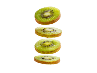 Slices of fresh kiwi fruit stacked in a visually appealing arrangement, showcasing vivid colors and textures