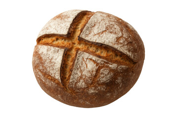 Round sourdough bread loaf with golden crust, sprinkled with flour, bakery product on transparent background
