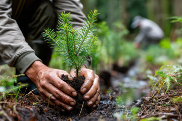 Planting young trees in a forest to aid reforestation efforts during spring