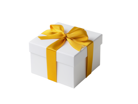 Gift box wrapped in a yellow ribbon ready for a special occasion or celebration