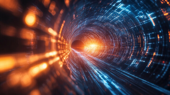 Abstract data encryption tunnel with flowing digital lines symbolizing security protected information hidden pathways and the movement of data through a secure encrypted virtual corridor