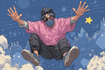 Illustration of a young adult floating in the sky above stock charts and clouds