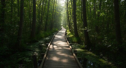 Fototapeta premium Wooden boardwalk through a dark green forest with sunlit clearing ahead