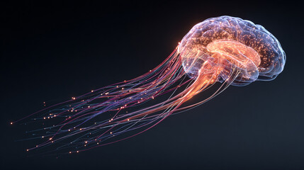 Glowing data streams flow into a digital brain on a dark background symbolizing artificial intelligence learning connectivity knowledge transfer and the fusion of human thought with technology
