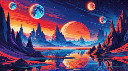 Vibrant Surreal Alien Planet Landscape with Multiple Moons