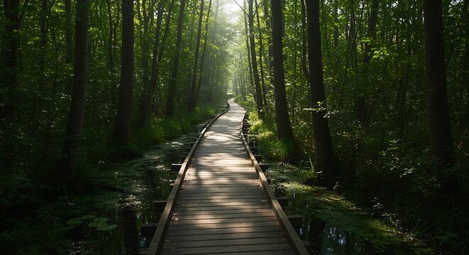 Wooden boardwalk through a dark green forest with sunlit clearing ahead - Powered by Adobe