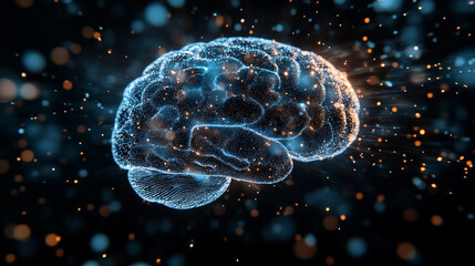 Glowing data streams flow into a digital brain on a dark background symbolizing artificial intelligence learning connectivity knowledge transfer and the fusion of human thought with technology
