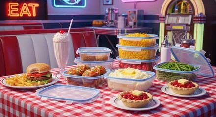 Naklejka premium Nostalgic Diner Scene with Classic American Food and Retro Atmosphere a Culinary Journey