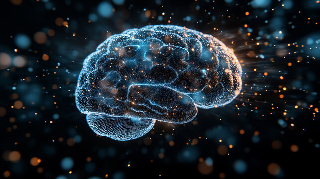 Glowing data streams flow into a digital brain on a dark background symbolizing artificial intelligence learning connectivity knowledge transfer and the fusion of human thought with technology
 - Powered by Adobe