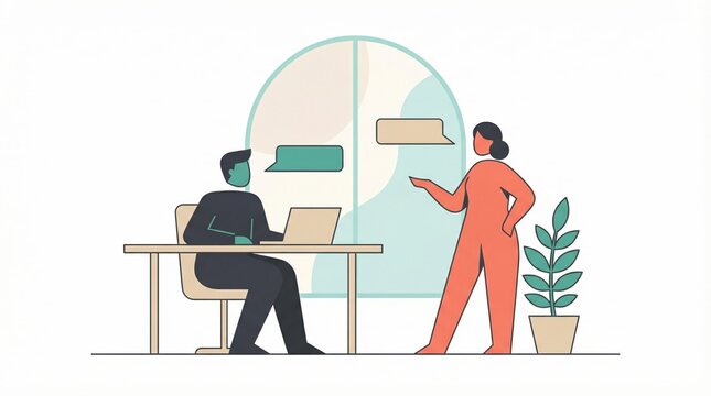 Business team discussing ideas in modern office with laptop and plants