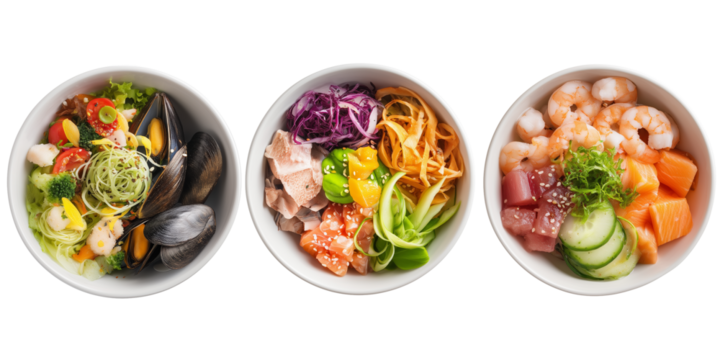Colorful assortment of fresh seafood and vegetables in bowls presented on a white background