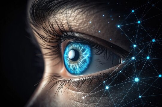 Closeup of a futuristic blue eye with digital network connections
