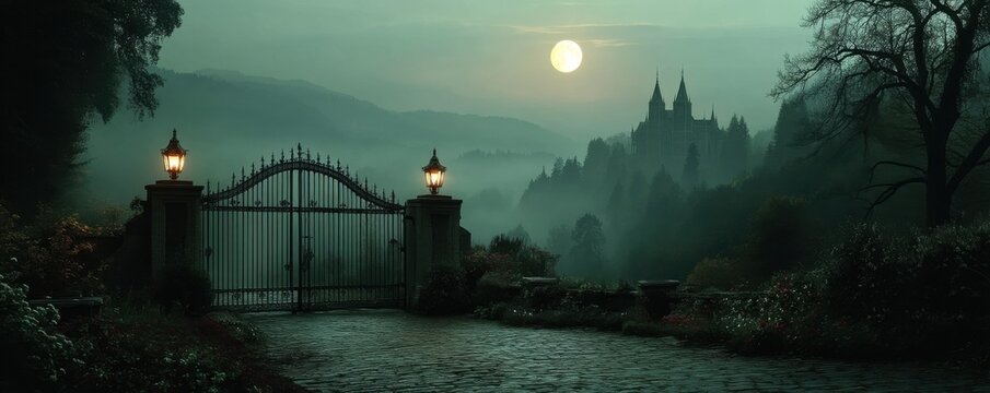 Mysterious moonlit castle with gothic gate and misty forest at night