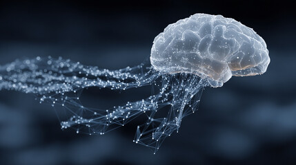 Glowing data streams flow into a digital brain on a dark background symbolizing artificial intelligence learning connectivity knowledge transfer and the fusion of human thought with technology