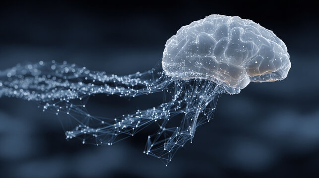 Glowing data streams flow into a digital brain on a dark background symbolizing artificial intelligence learning connectivity knowledge transfer and the fusion of human thought with technology
