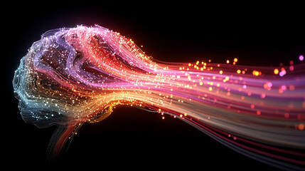 Glowing data streams flow into a digital brain on a dark background symbolizing artificial intelligence learning connectivity knowledge transfer and the fusion of human thought with technology

